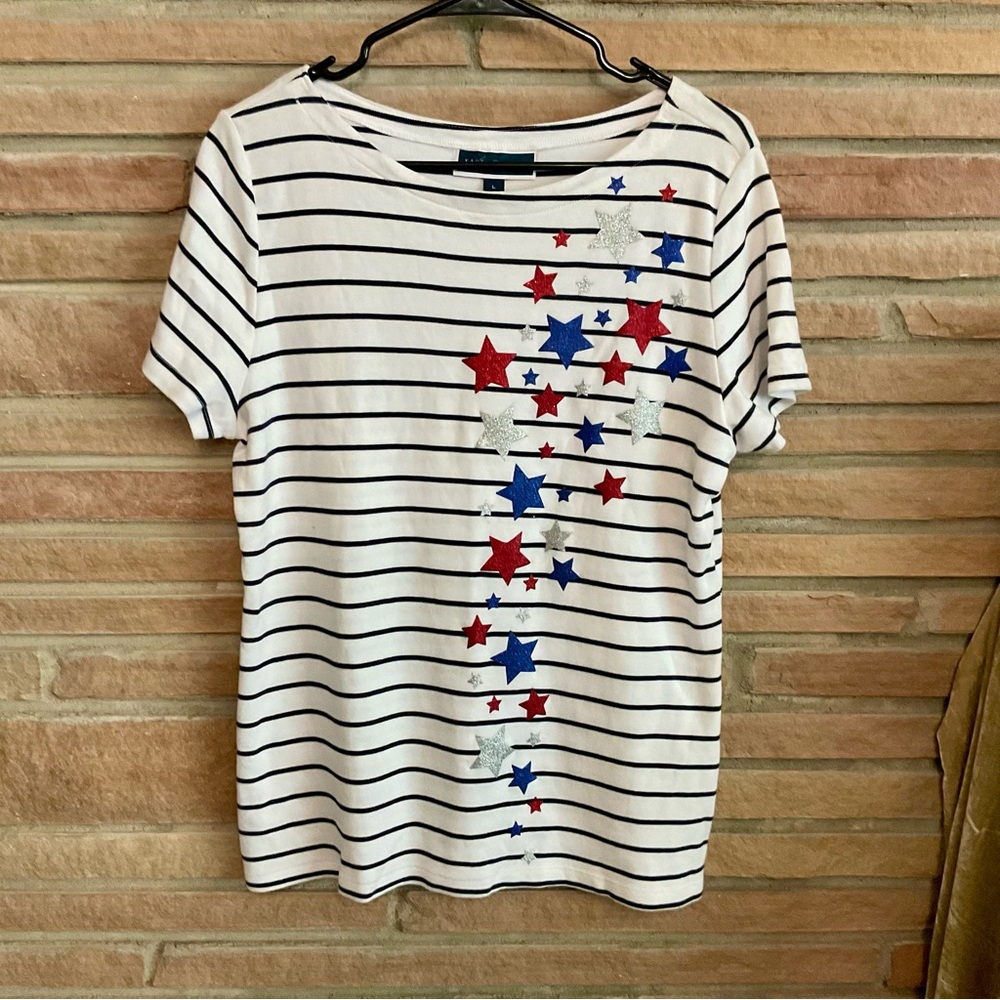 Karen Scott Striped Cotton Tee Red Blue Glitter Stars Large
